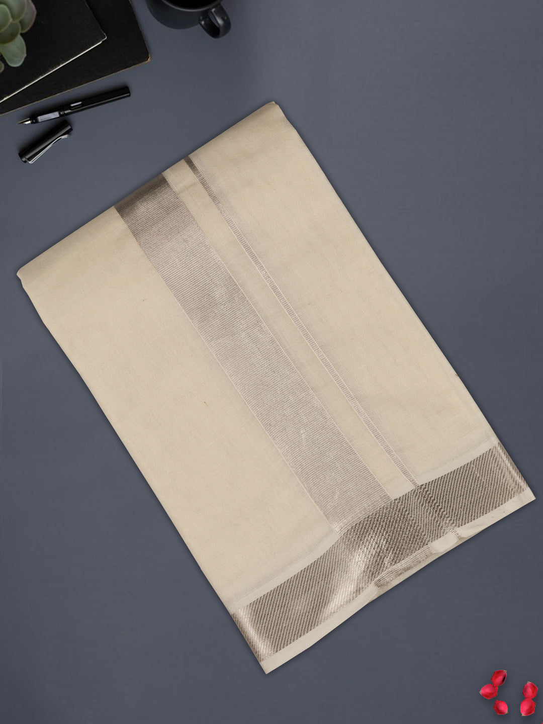 Men 100% Cotton Silver Border Double Layer Dhoti Luxury Club