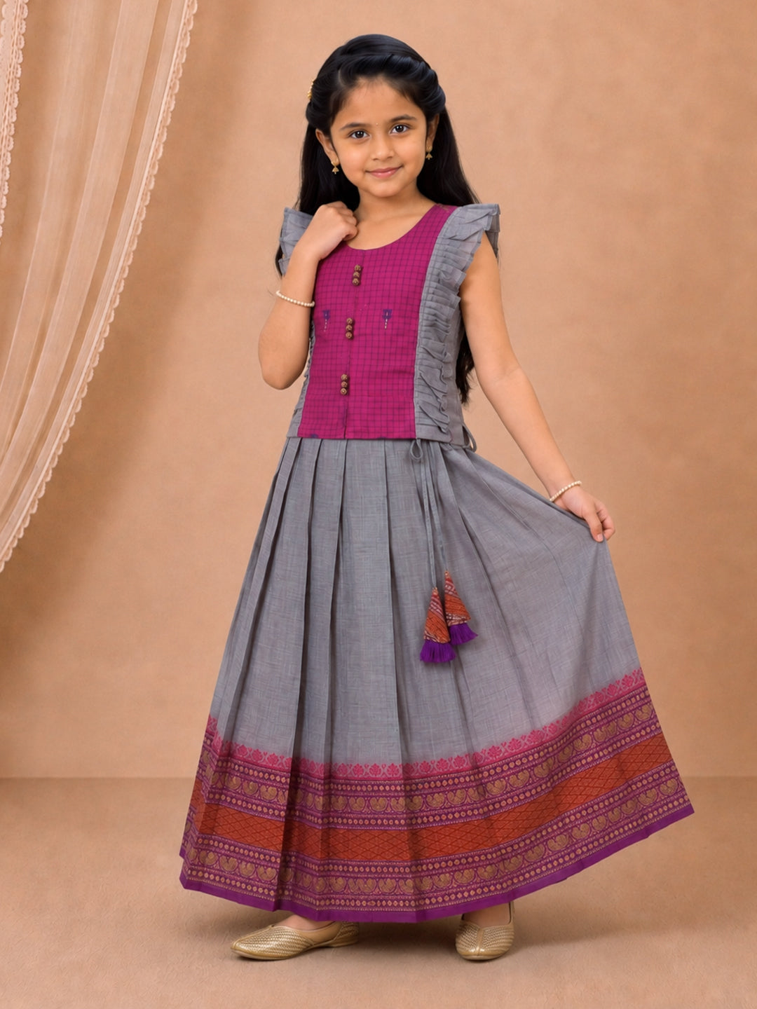 Girls Cotton Pink with Violet Pattu Pavadai Set GPS50