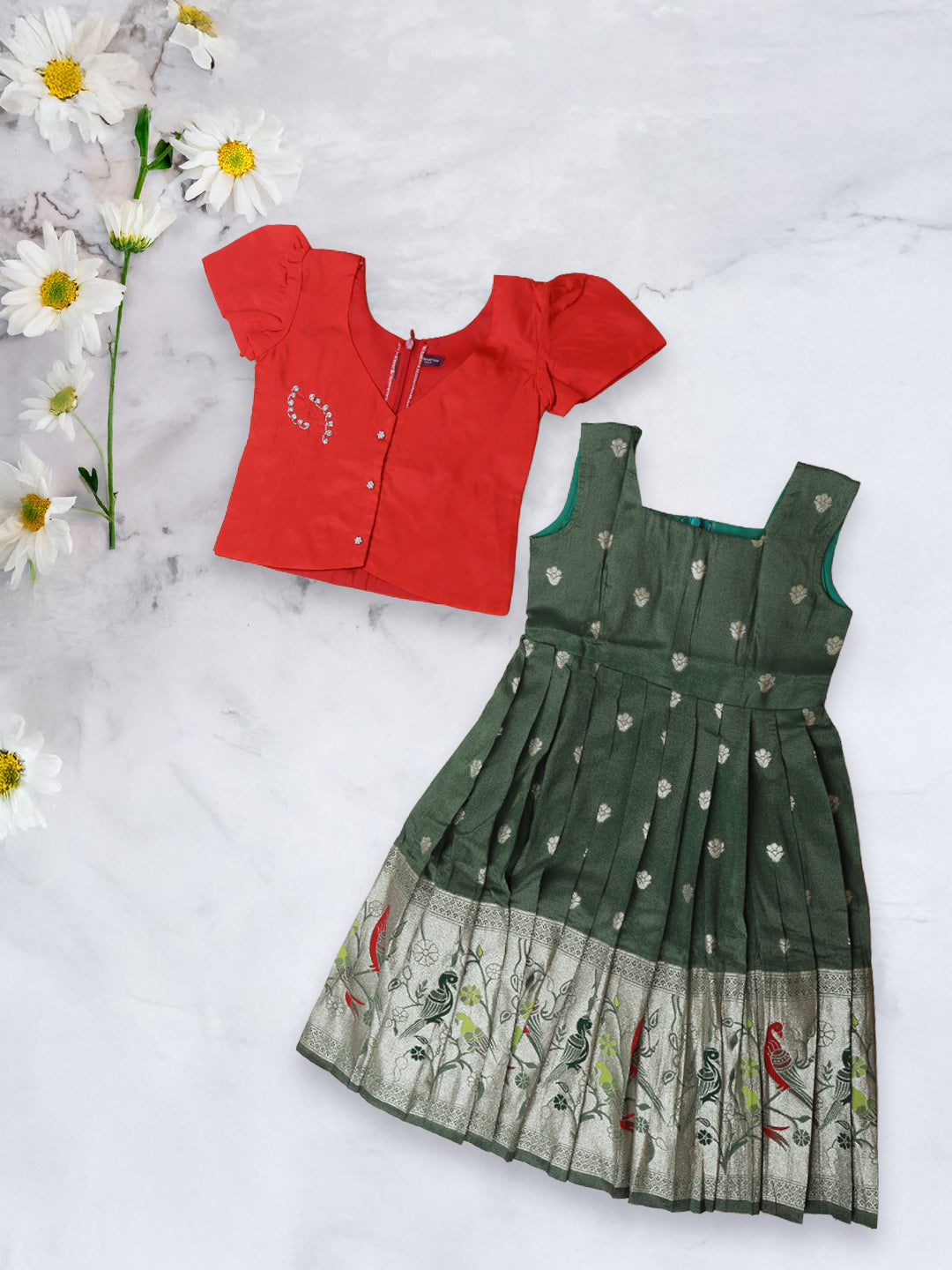 Girls Traditional Skirt Set Red with Green GPS19