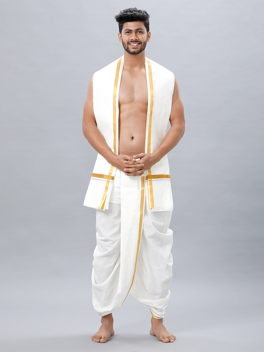 Men's Readymade Cream Panchakacham & Angavastram with Gold Jari Border Aashan