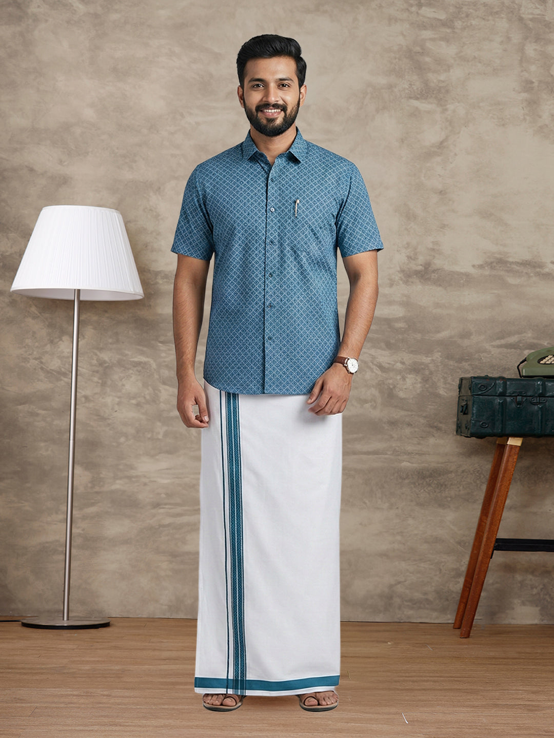 Men Teal Blue Matching Border Dhoti With Printed Shirt Set Fusion PS27