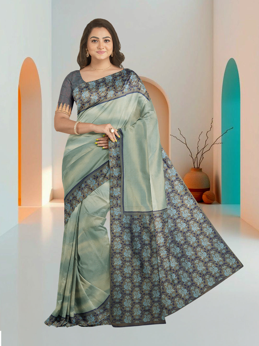 Women Cyan Blue Art Silk Printed Saree ASS73