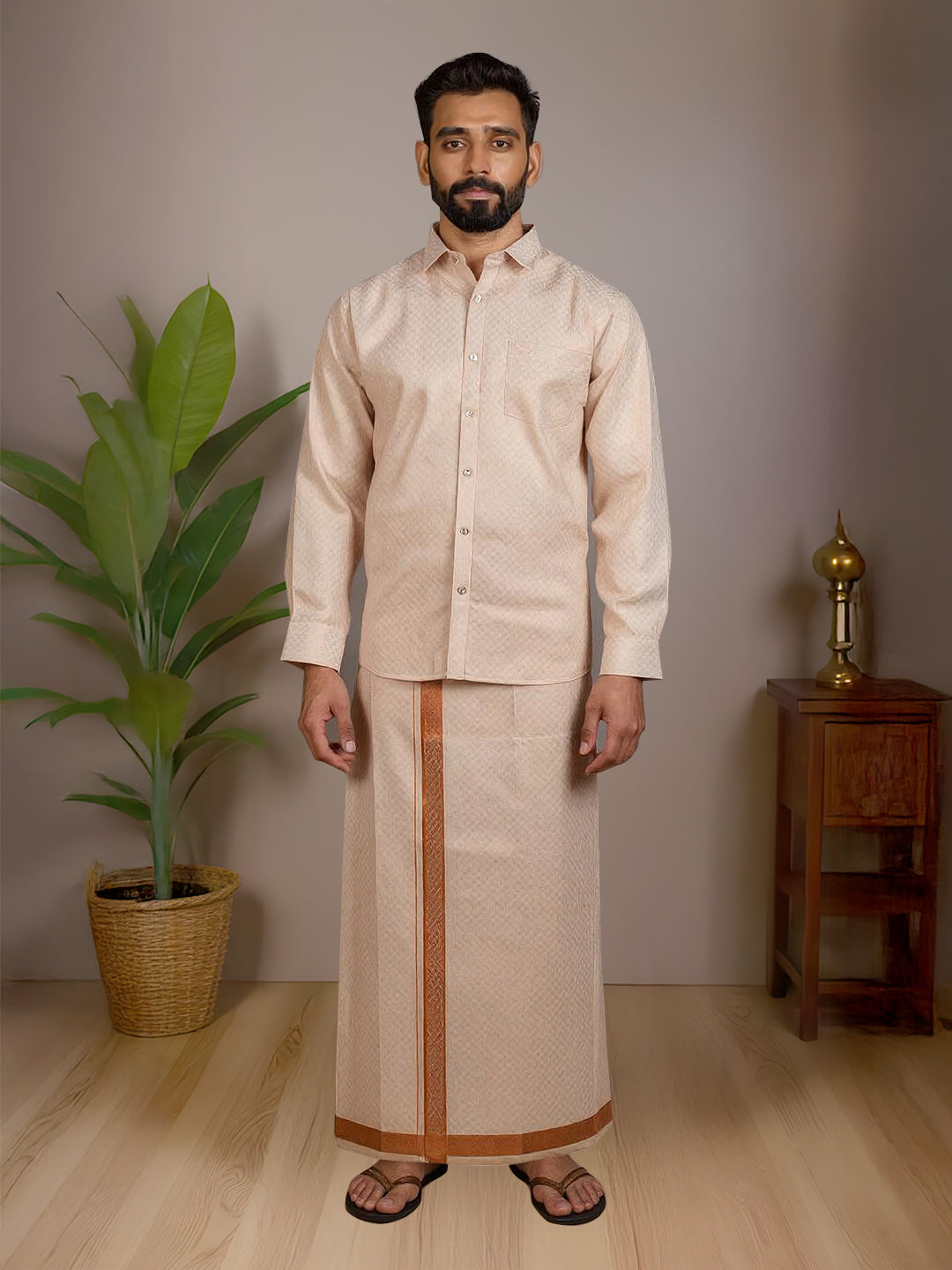 Men Copper Tissue Jacquard Full Sleeves Shirt with Matching Dhoti Set CD11
