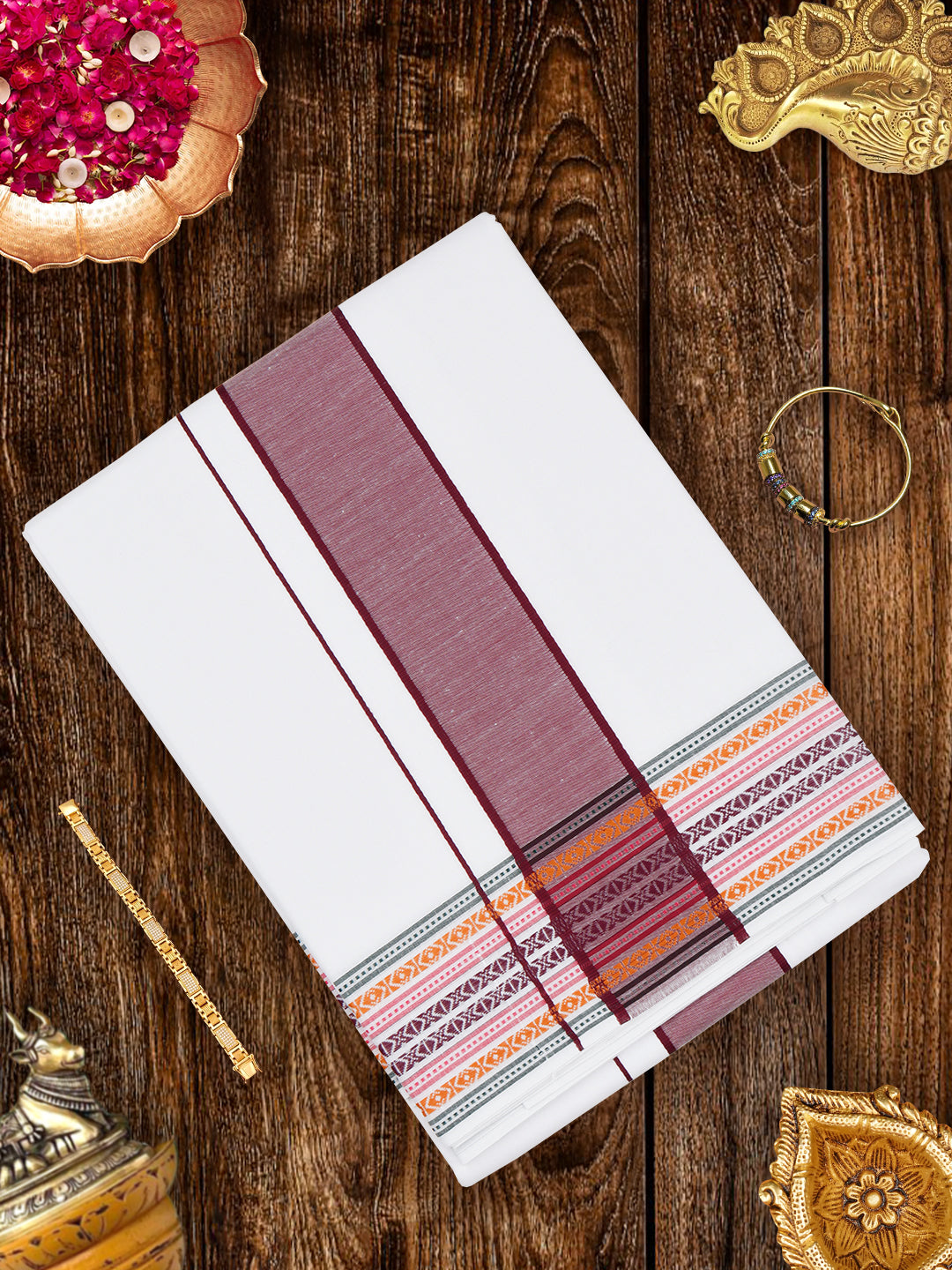 Mens White Panchakacham with Angavasthram Maroon Fancy Border Srirasthu (9+5)