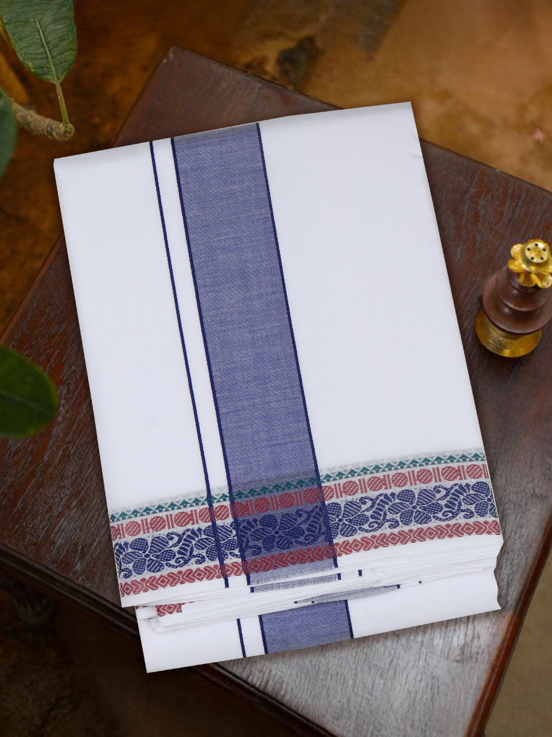 Men Cotton Navy Fancy Border Panchakacham with Angavasthram (9+5) JD10