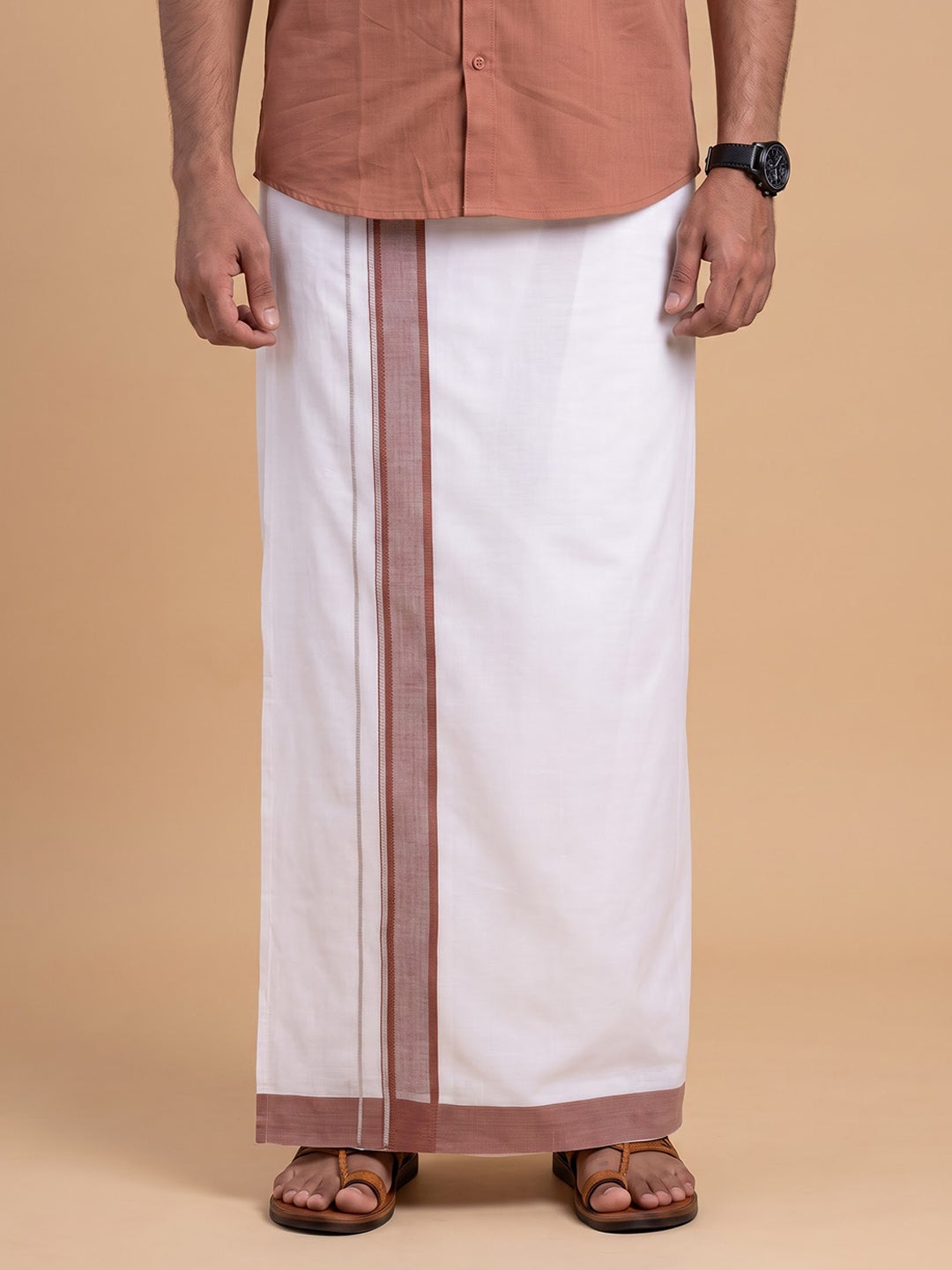 Double Layer 100% Cotton White Dhoti with Colour Border - PJF08