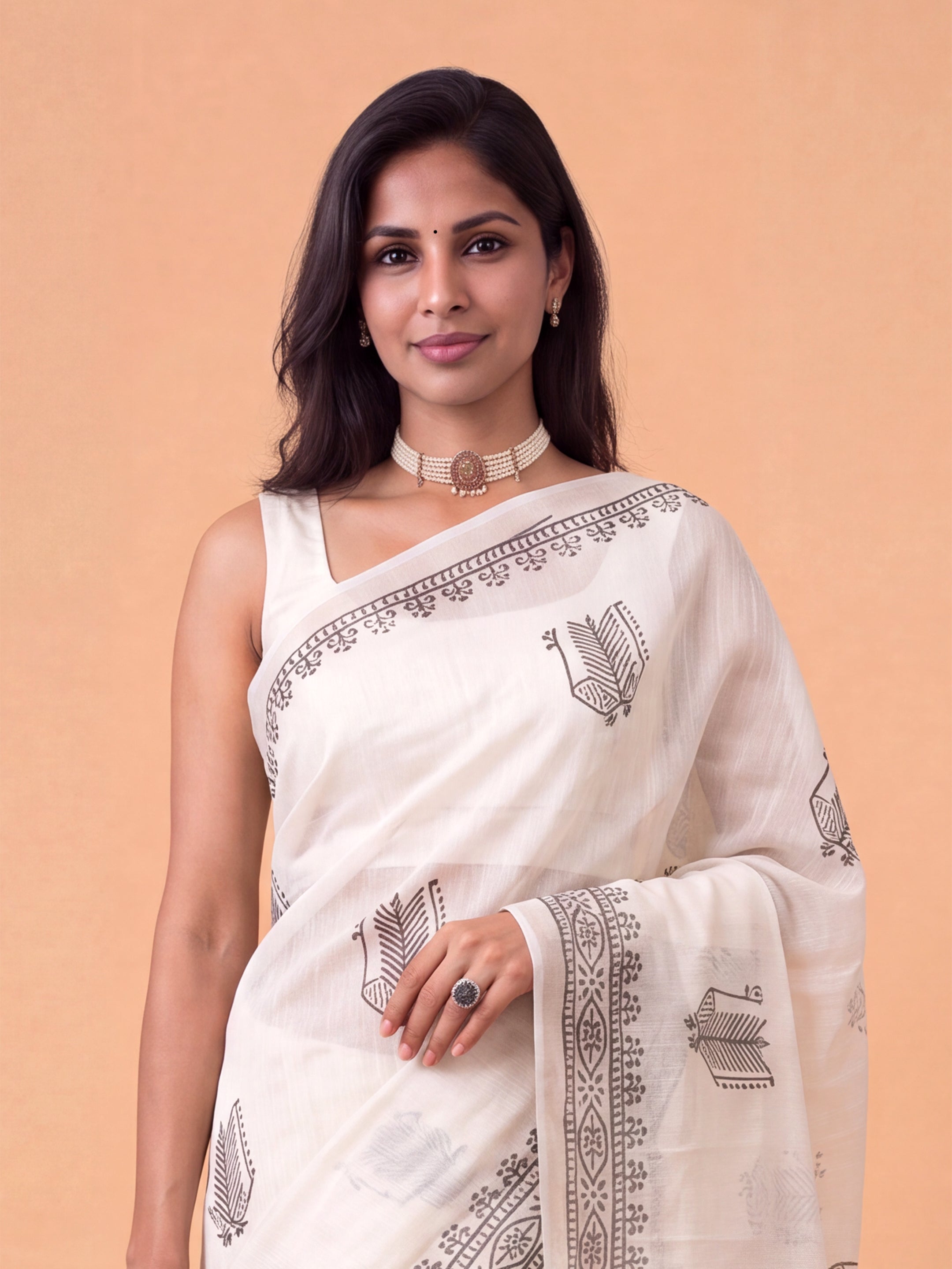 Women White Semi Chanderi Cotton Printed Saree SC83