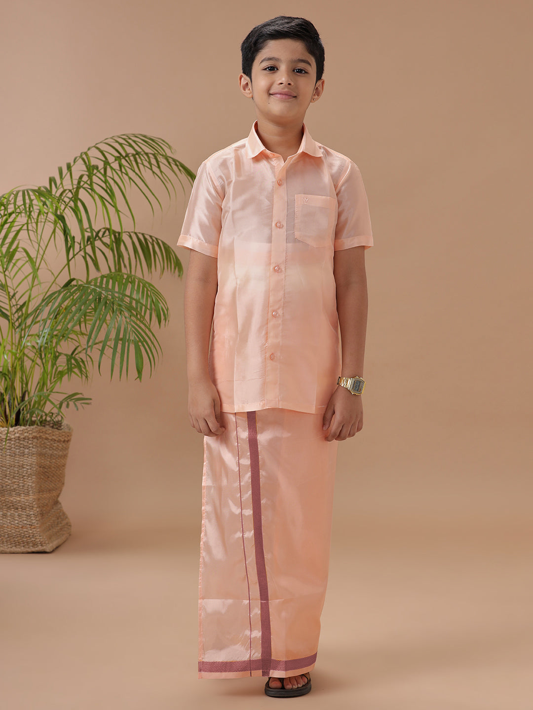 Boys Shirt & Dhoti Set Swayamvara Coral Pink