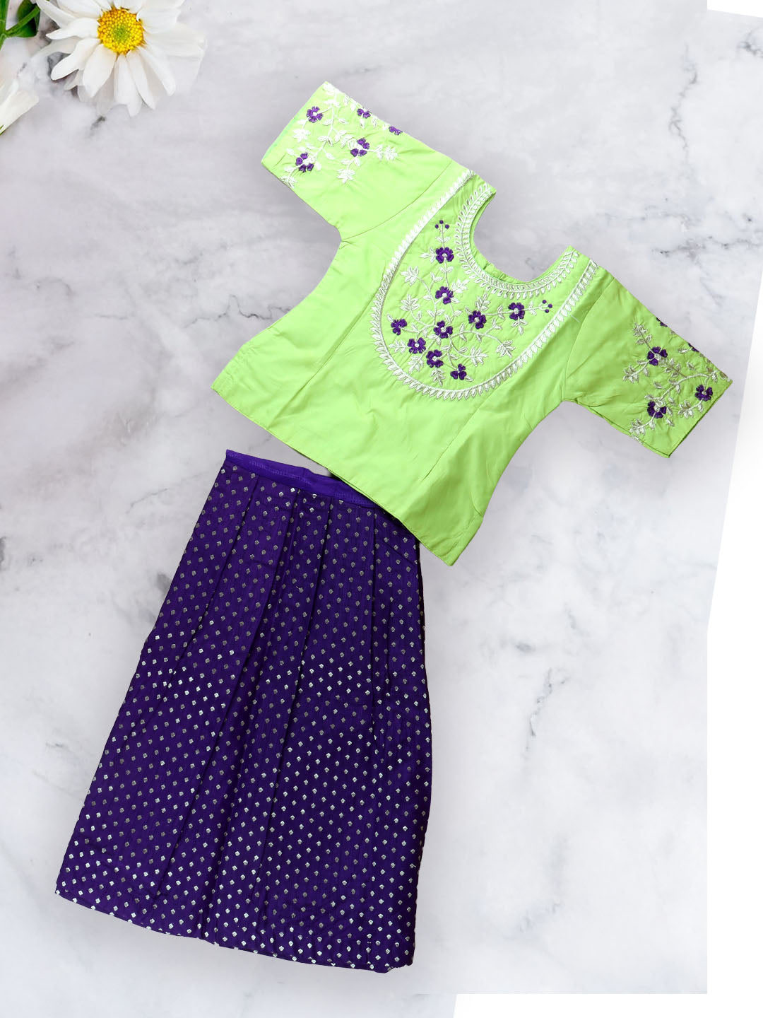 Girls Traditional Silk Cotton Skirt Set Lemongreen with Violet GPS16