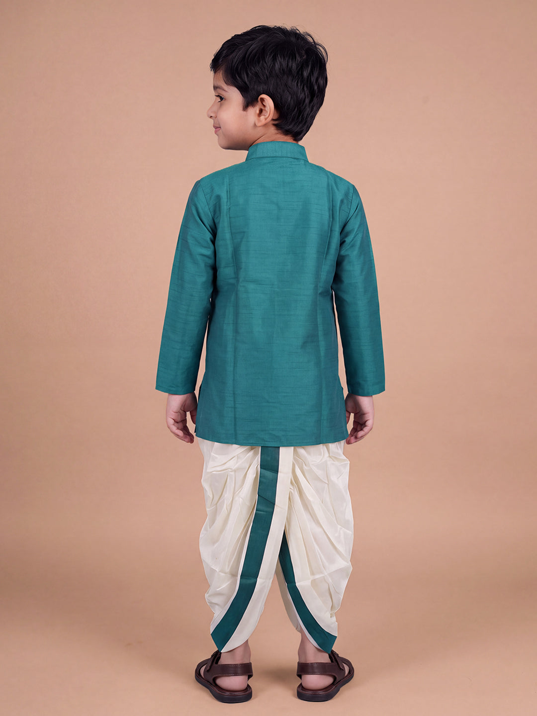 Boys Slub Cotton Full Sleeves Dark Green Kurta with Panchakacham Combo Set SL4