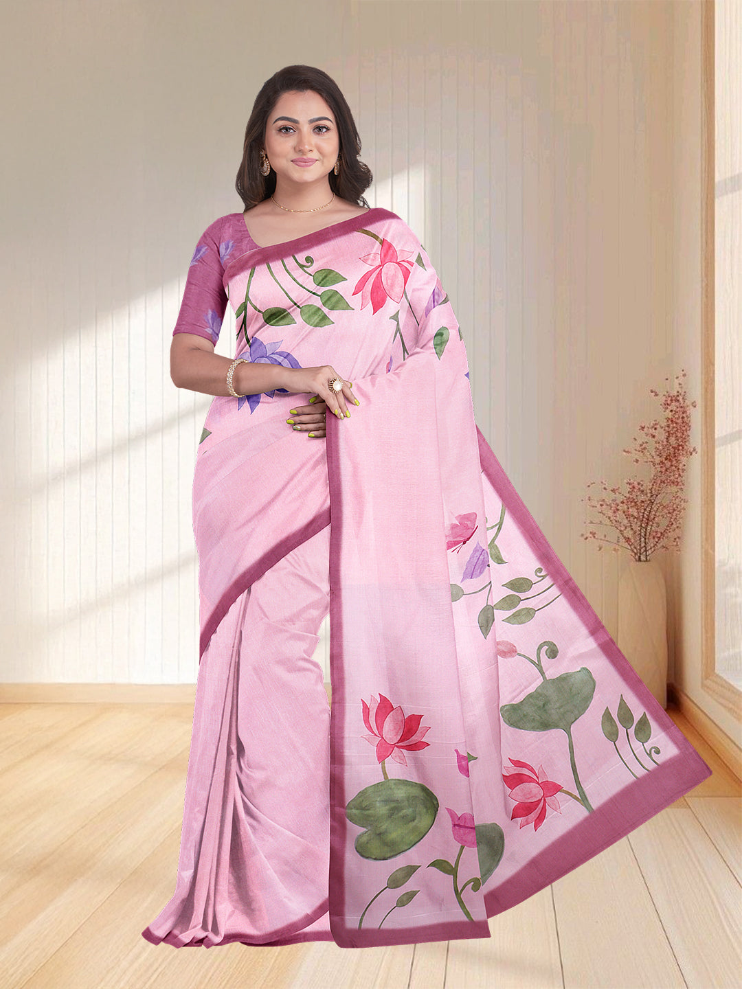 Women Light Pink Semi Tussar Printed Saree ST265