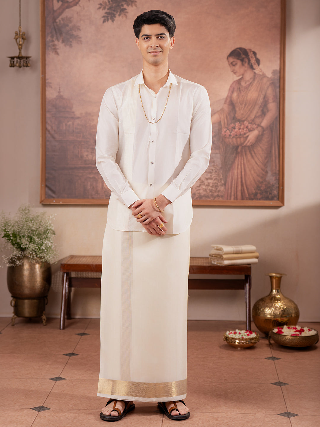 Pure Silk Cream Dhoti with 3" Gold Jari Border - Kalasam