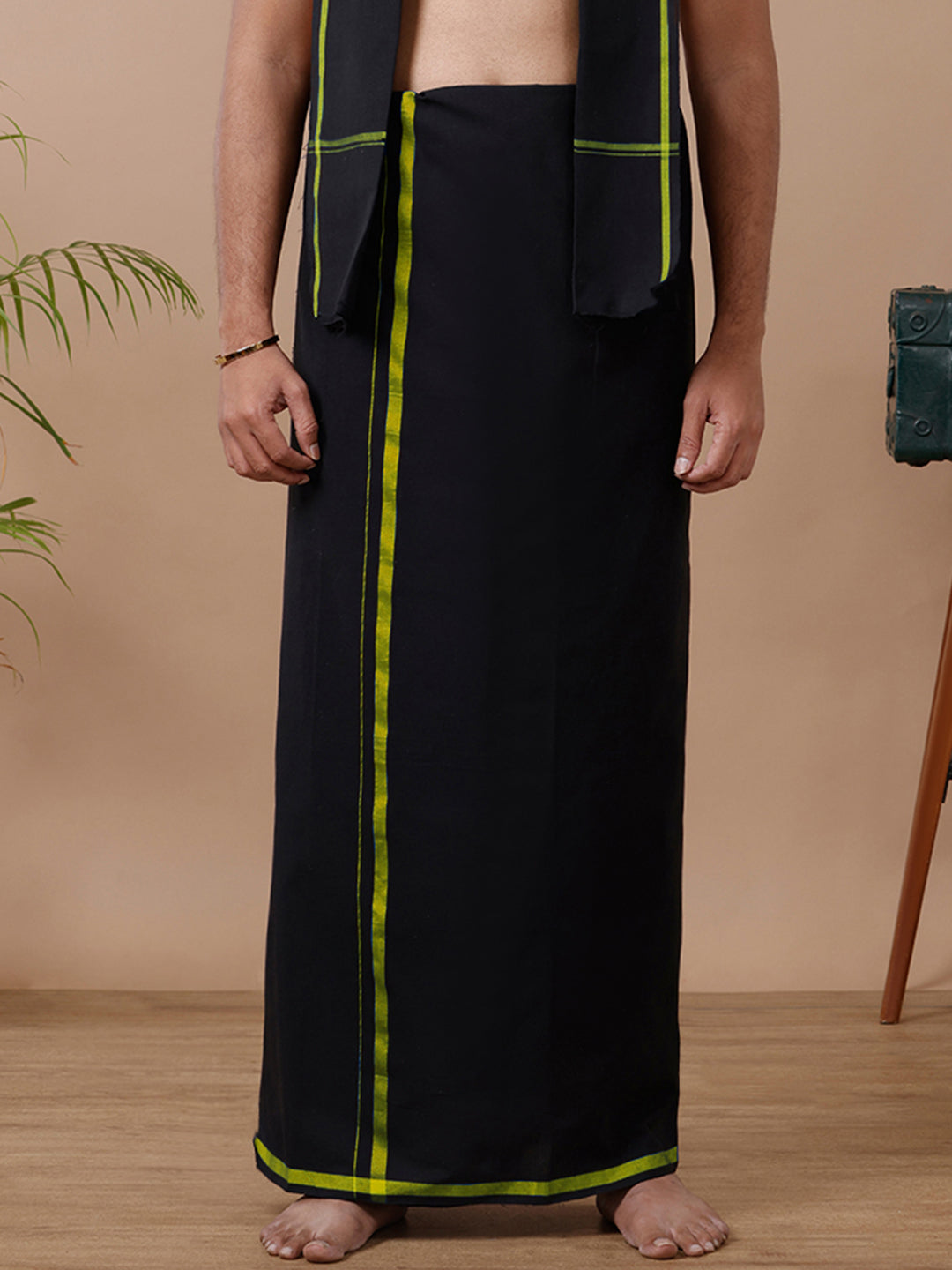 Men Cotton Blend Single Layer Black Dhoti & Towel Set with Green Big Border Makara Jyoti