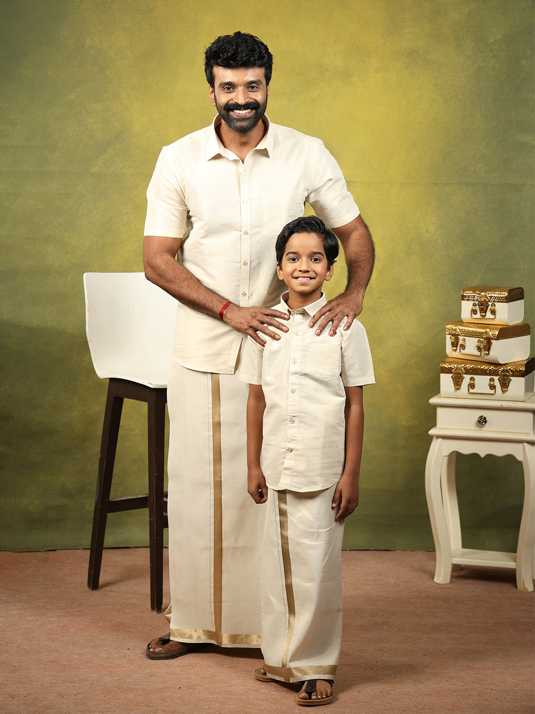 Like Father Like Son Tissue Shirt & Dhoti Combo Antique Gold