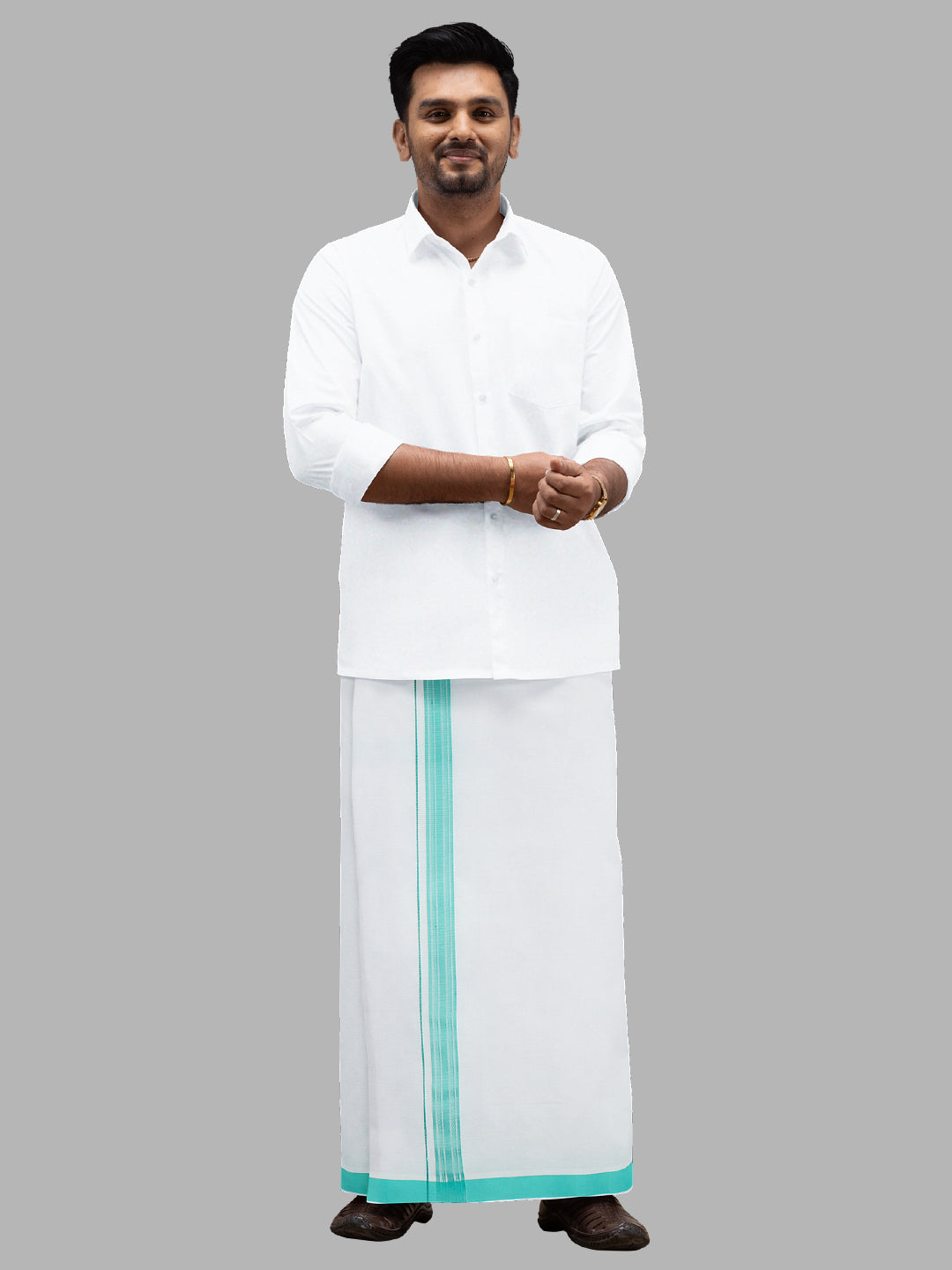 Men Cotton Blend Readymade Single Layer White Dhoti with Fancy Border GACF13