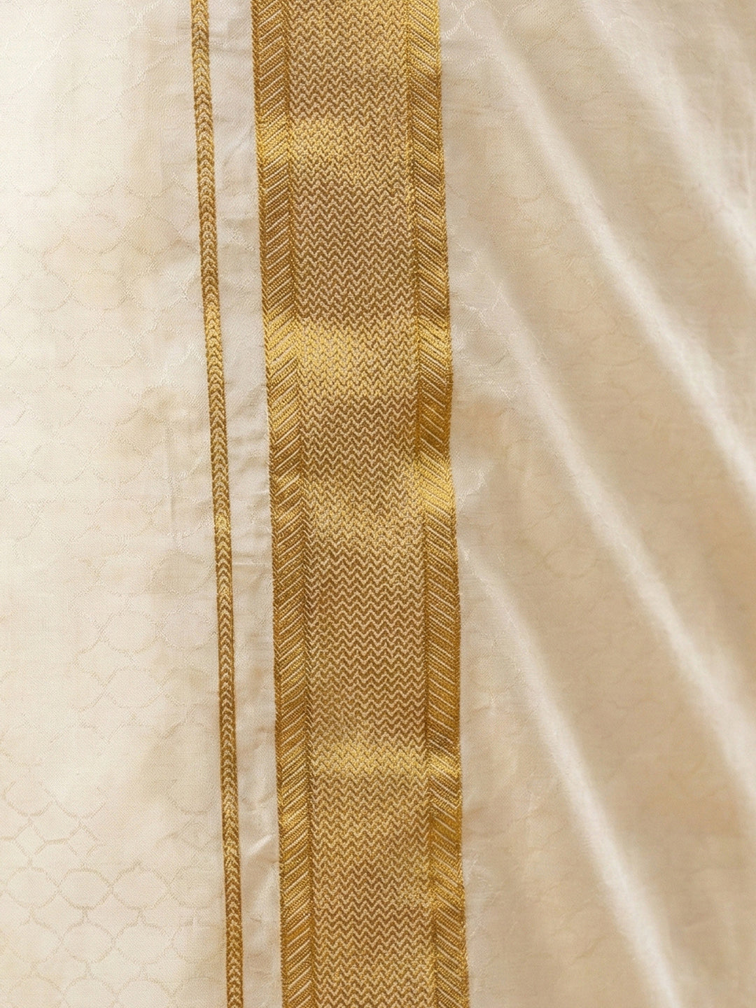 Men Art Silk Self Design Shirt with Readymade Dhoti & Towel Set Cream CRJD2