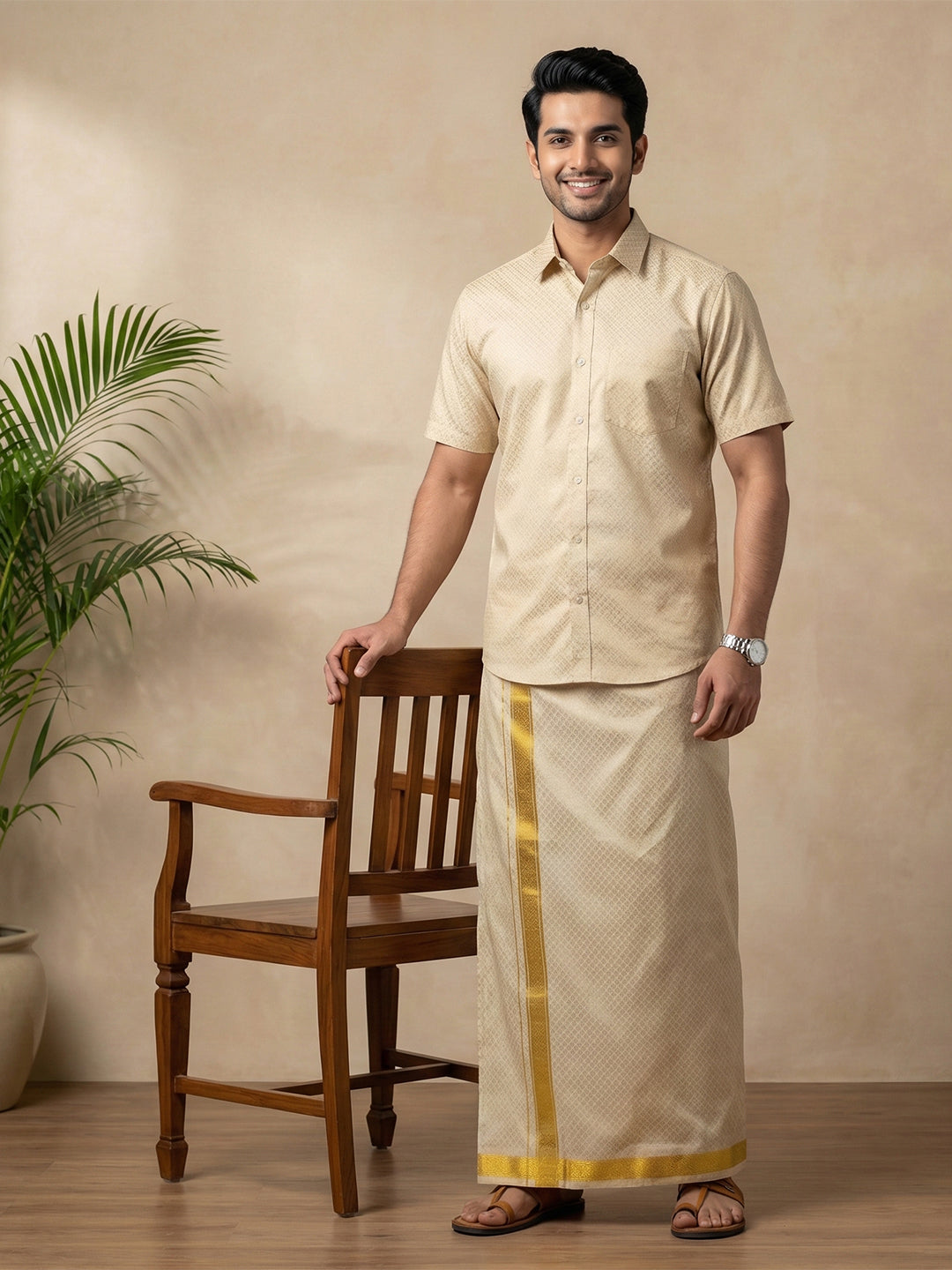 Men Gold Tissue Jacquard Shirt with Readymade Dhoti Set GD13