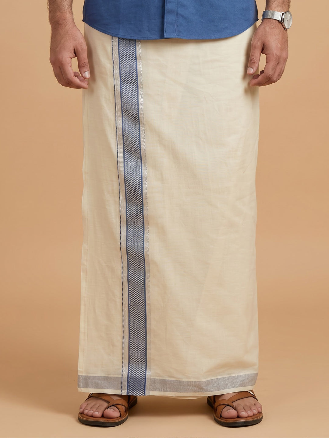 Double Layer Giza Cotton Cream Kora Dhoti with Colour Jari Border - LC39