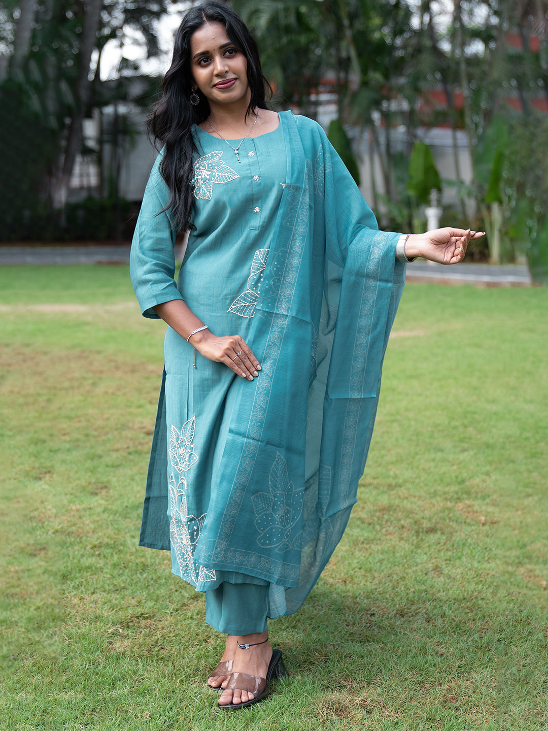Women Teal MM Silk Embroidered Kurti Set EKS121