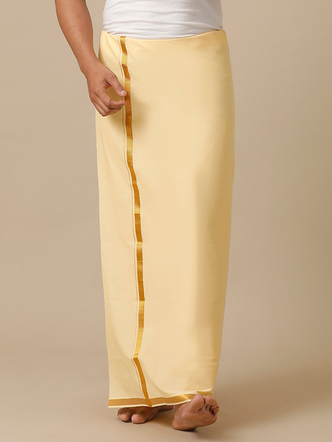 Men Cotton Blend Single Layer Sandal Dhoti with Gold Jari Border Cosmic 7