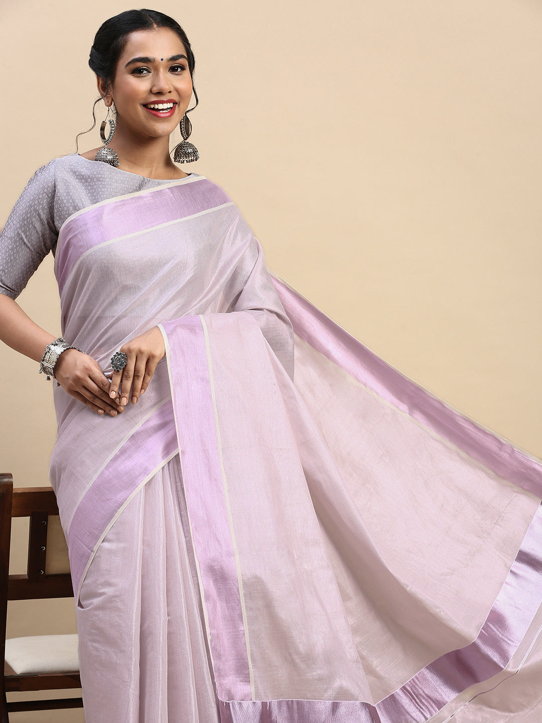 Women Traditional Kerala Tissue Rose Gold Plain Saree KS216