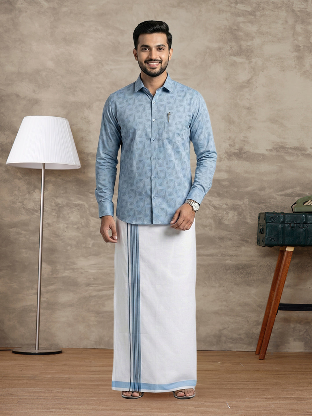 Men Light Blue Matching Border Dhoti With Printed Shirt Set Fusion PS23