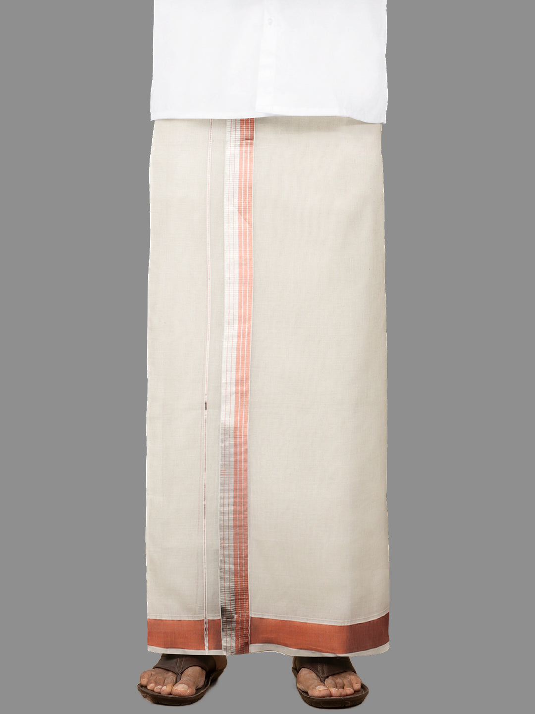 Men Kora Cotton Double Layer Dhoti with Copper & Silver Jari Border GC03