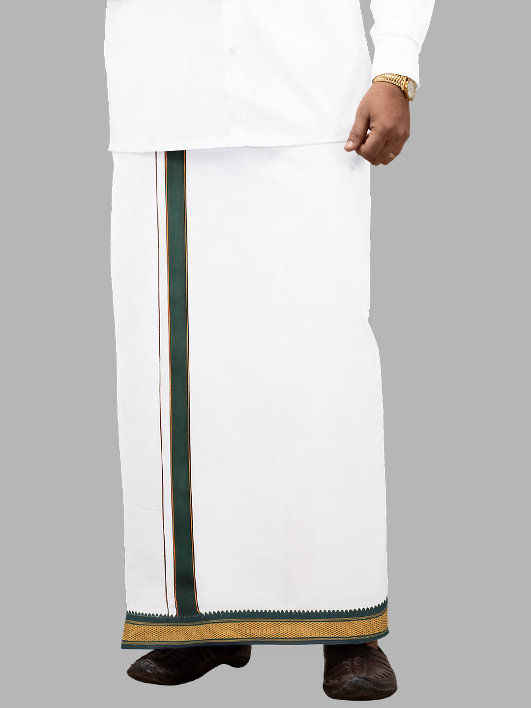 Men 100% Cotton Single Layer White Dhoti Mayilkhan Border Brindhavan
