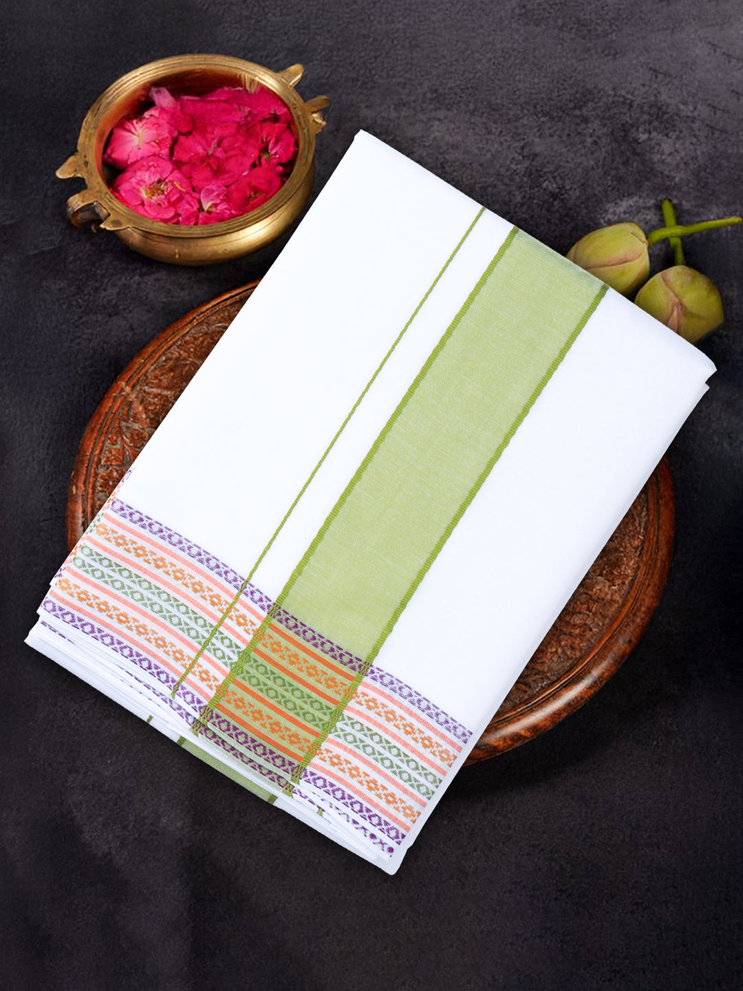 Men Cotton Green Fancy Border Panchakacham with Angavasthram Srirasthu(9+5) SR50