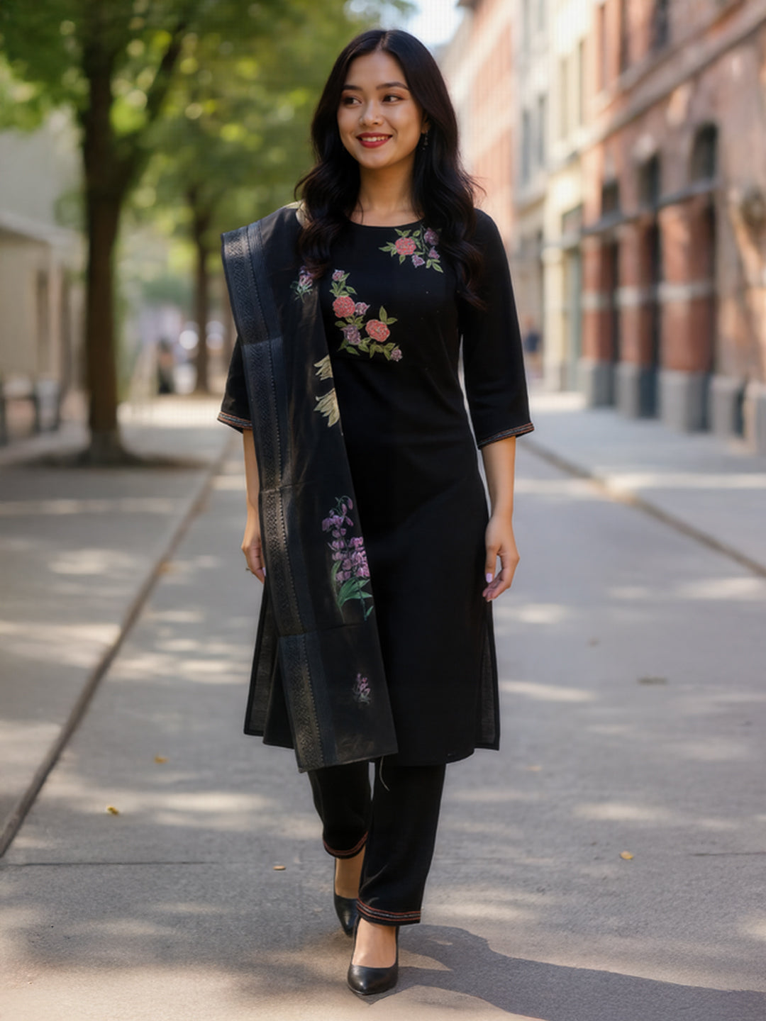 Women Cotton Embroidered Kurti Set Black EKS40