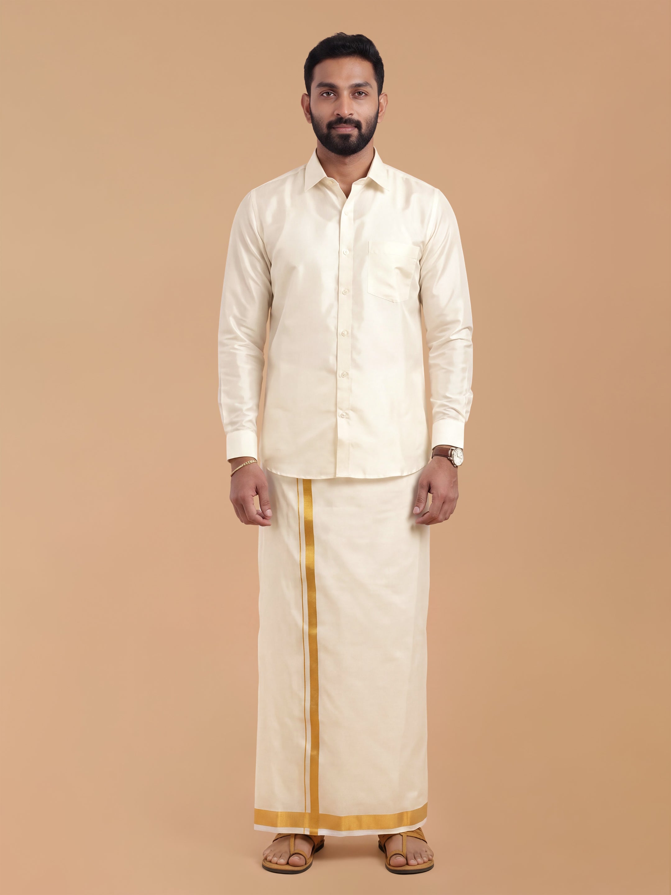 Silk Cream Double Dhoti 1" Gold Jari Border Suba Vivaga