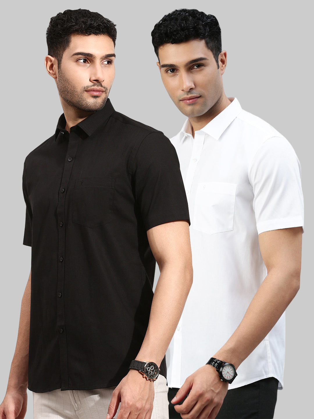 Men 100% Cotton White & Black Half Sleeves Shirt Combo (2 Pcs Pack)