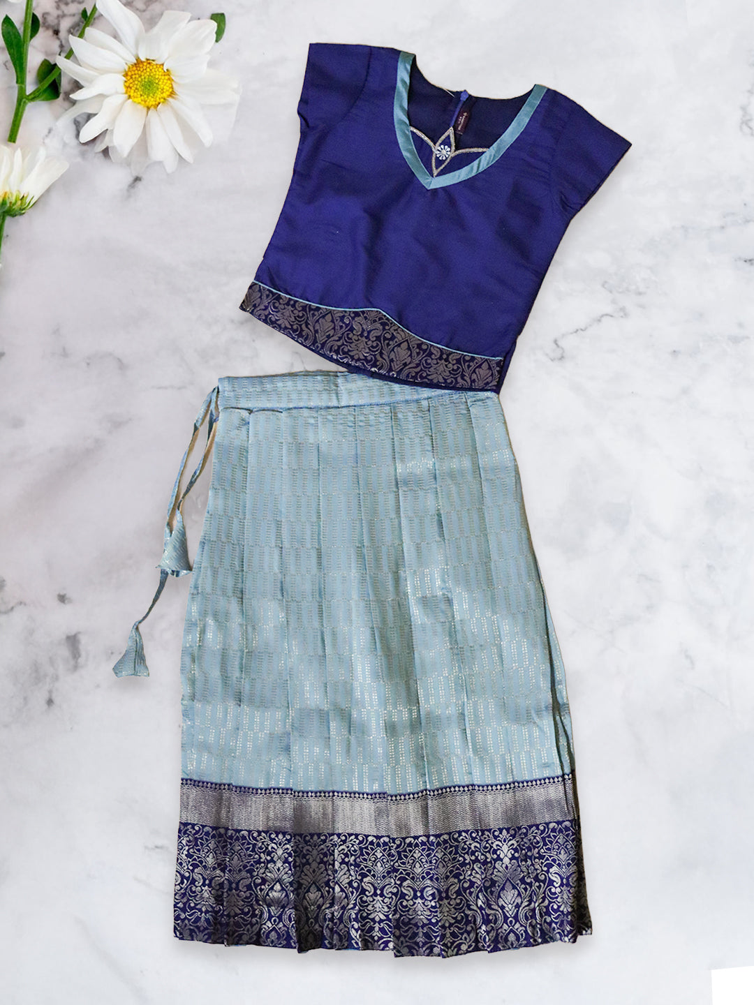 Girls Traditional Silk Cotton Skirt Set Blue GPS22