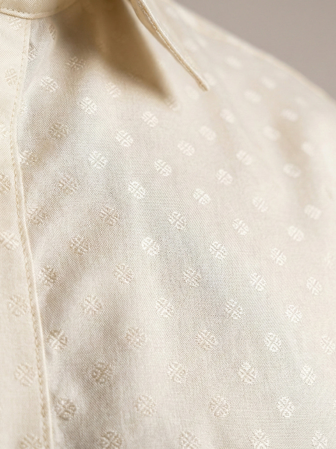 Men Art Silk Self Design Shirt with Readymade Dhoti & Towel Set Cream CRJD5