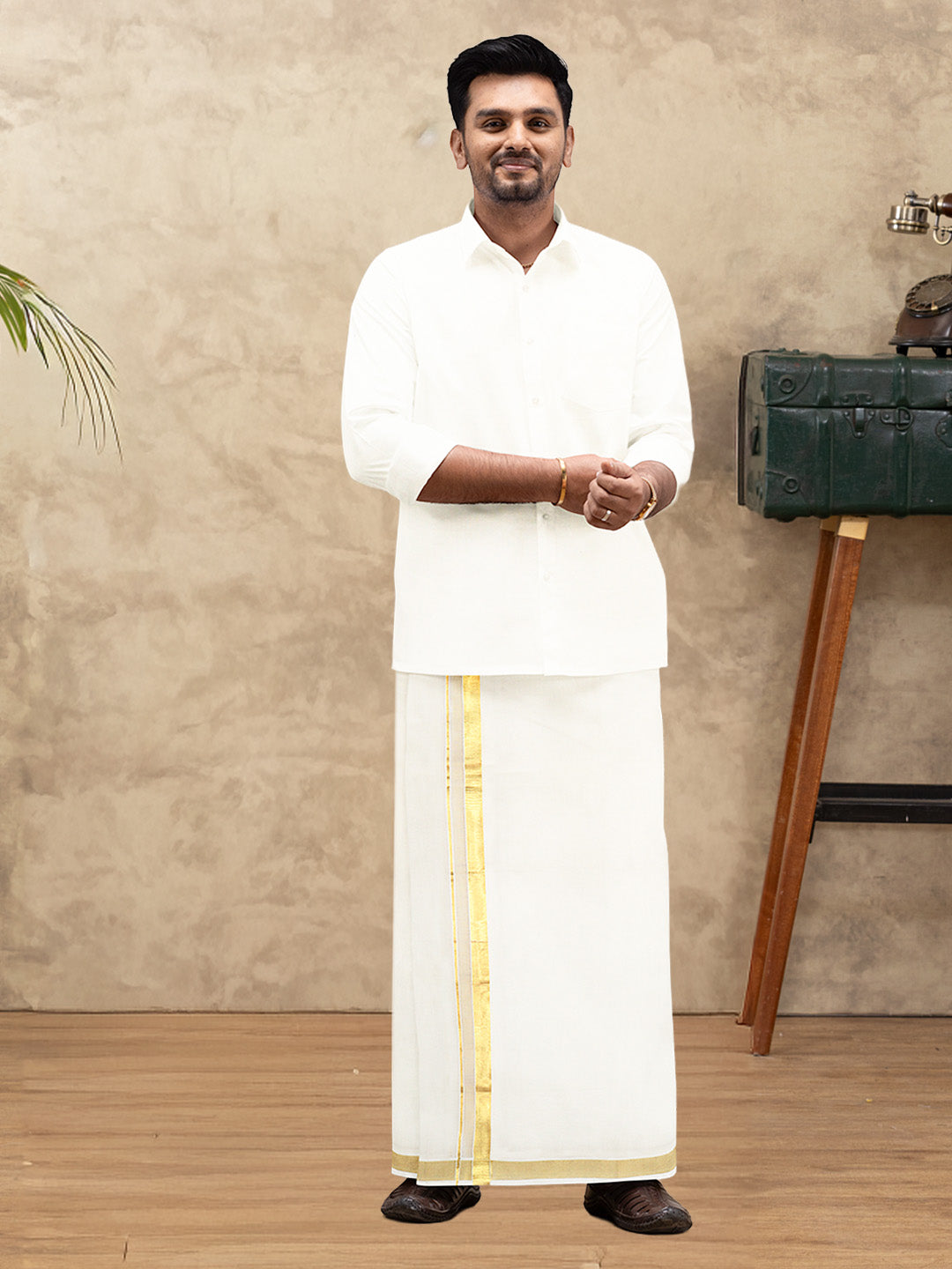 Men Kora Cotton Double Layer Dhoti with Gold Jari Border Chingam 5028