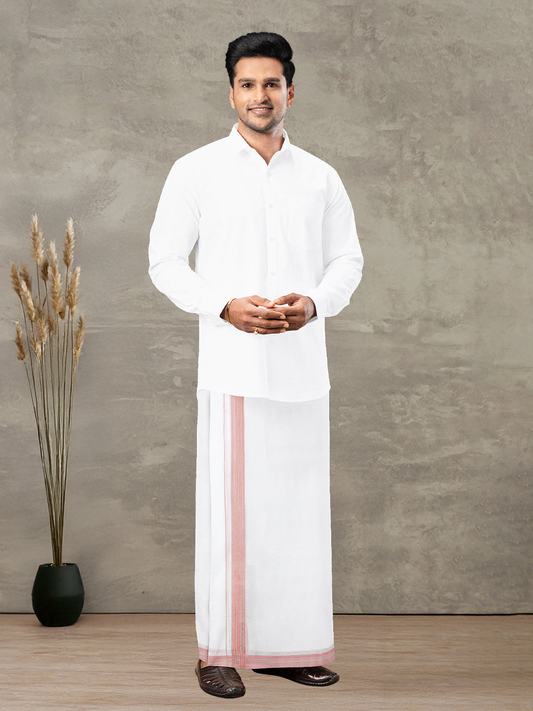 Men 100% Cotton Double Layer White Dhoti with Fancy Border PMF7