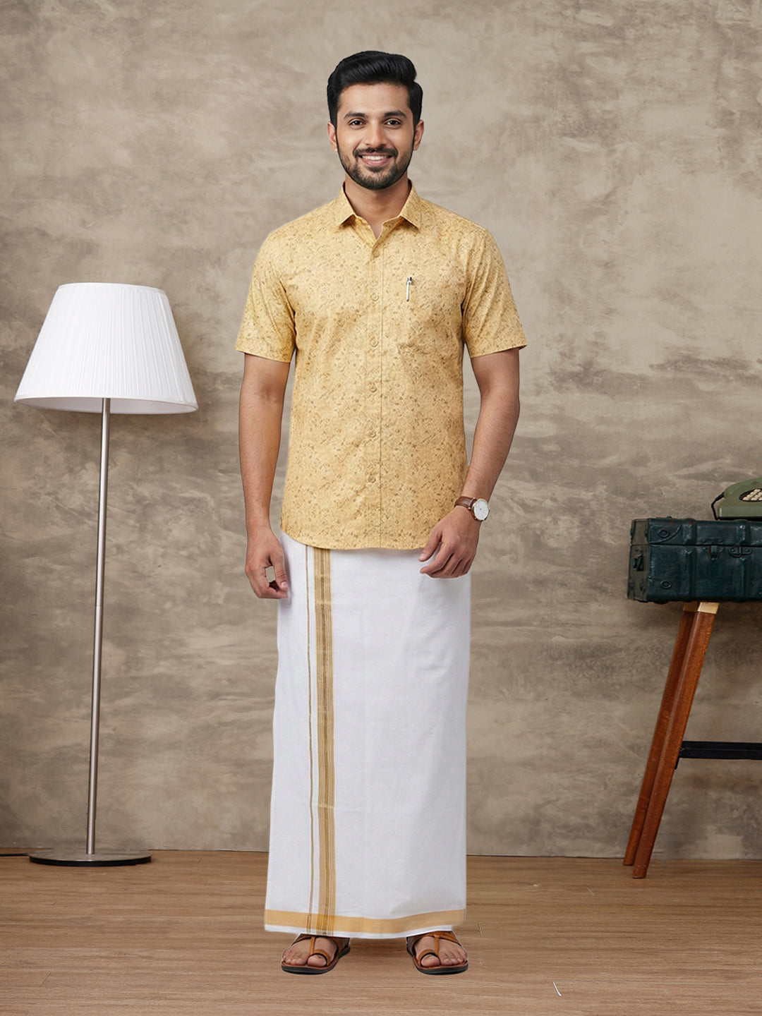 Like Father Like Son Matching Border Dhoti with Printed Shirt Combo Set Sandal PS21