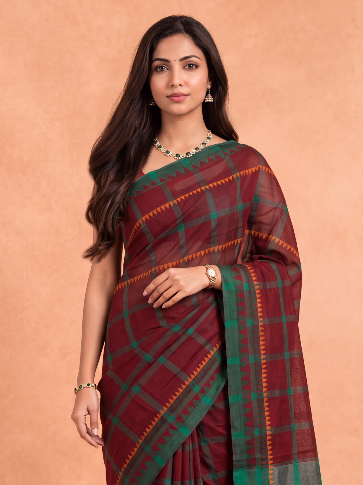 Women Chettinad Cotton Maroon with Green Saree CCS16
