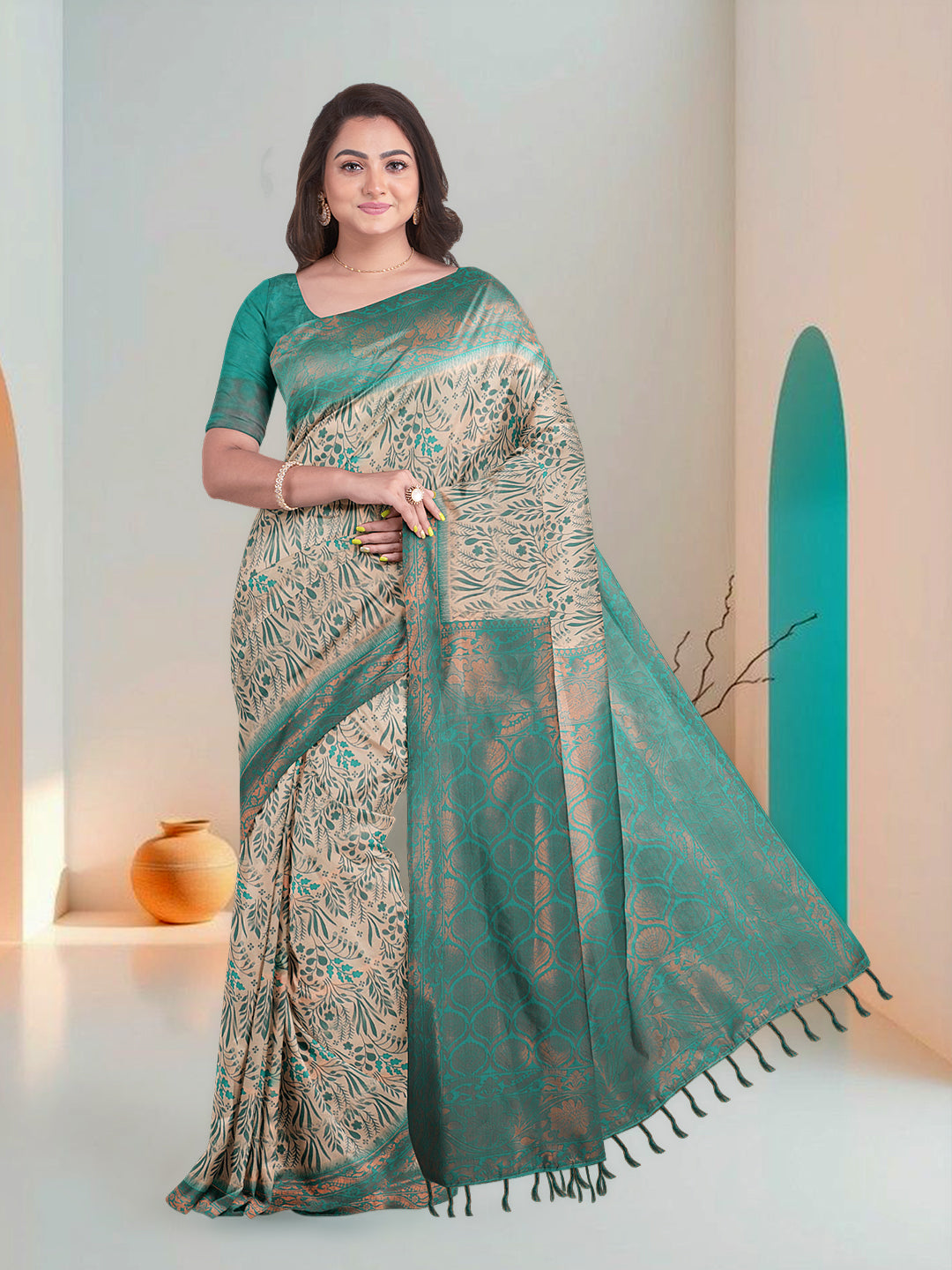 Women Peach Art Silk Printed Saree ASS60