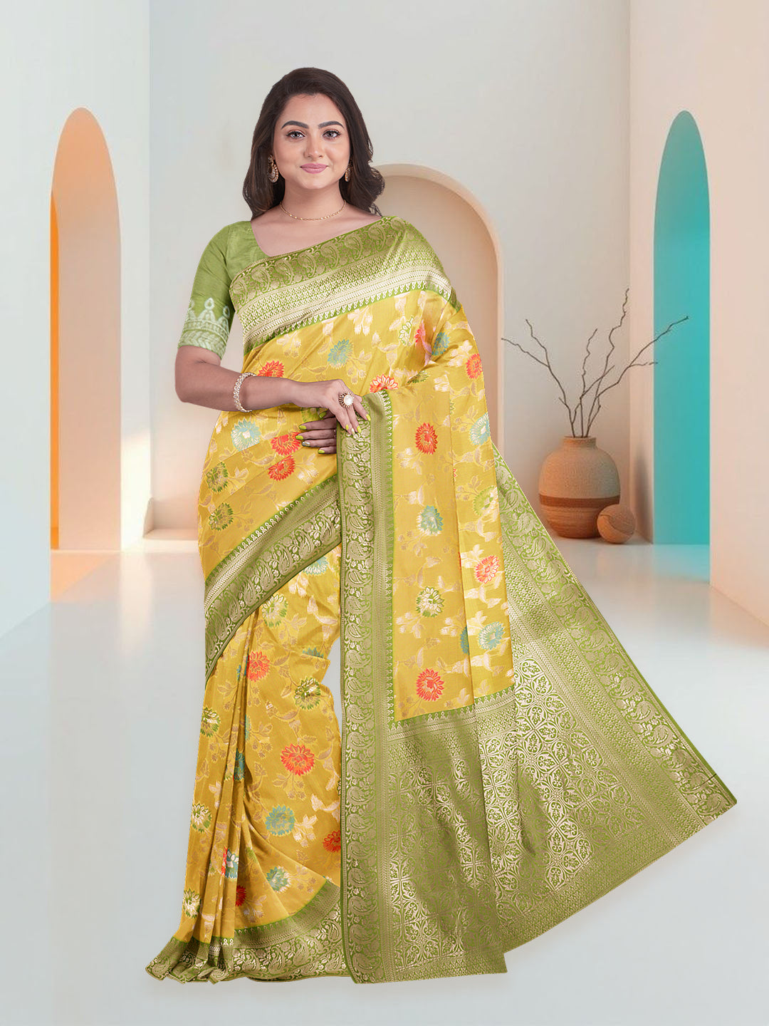 Women Yellow Art Silk Printed Saree ASS85