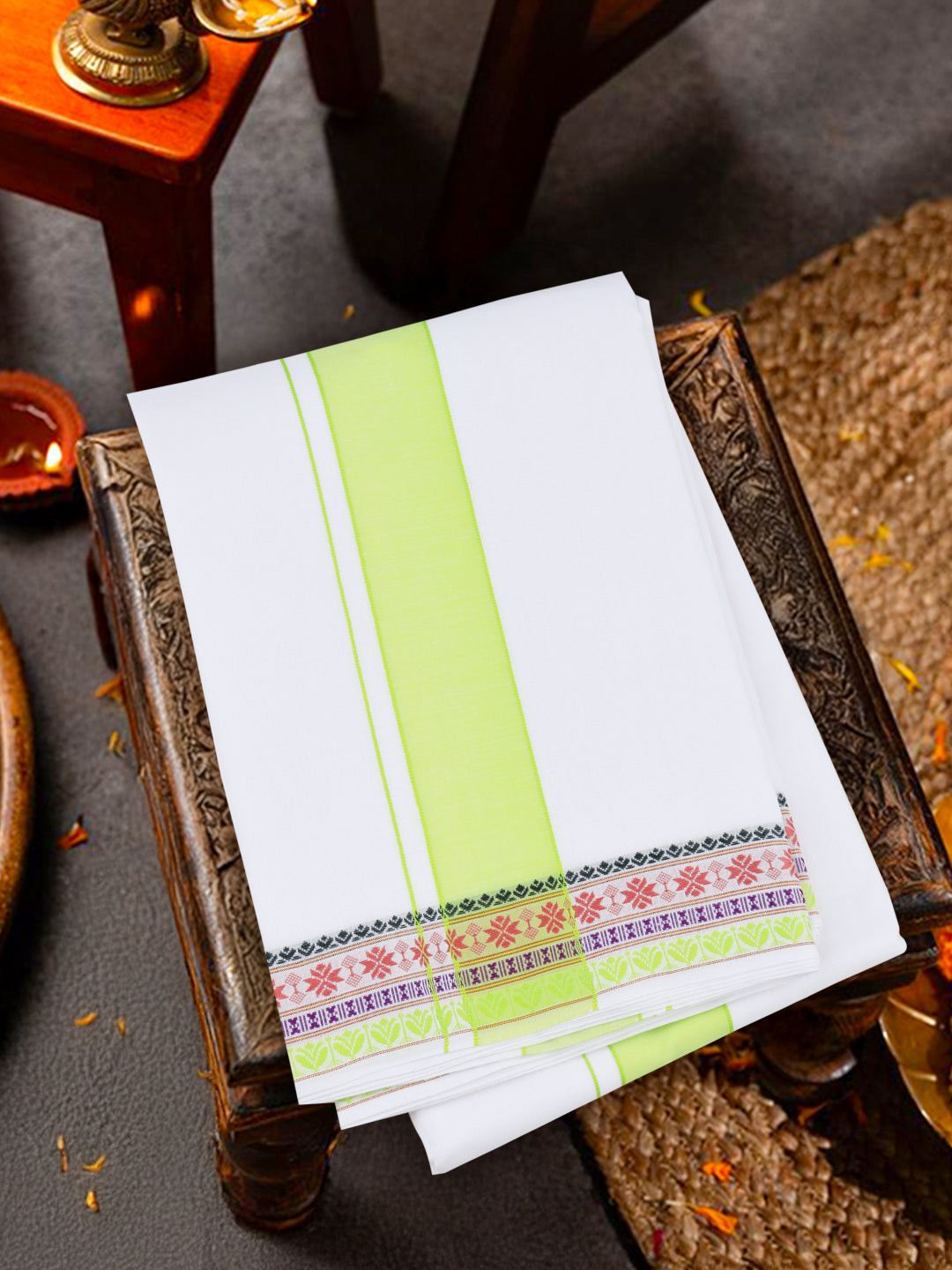 Men Cotton Green Fancy Border Panchakacham with Angavasthram (9+5) JD05