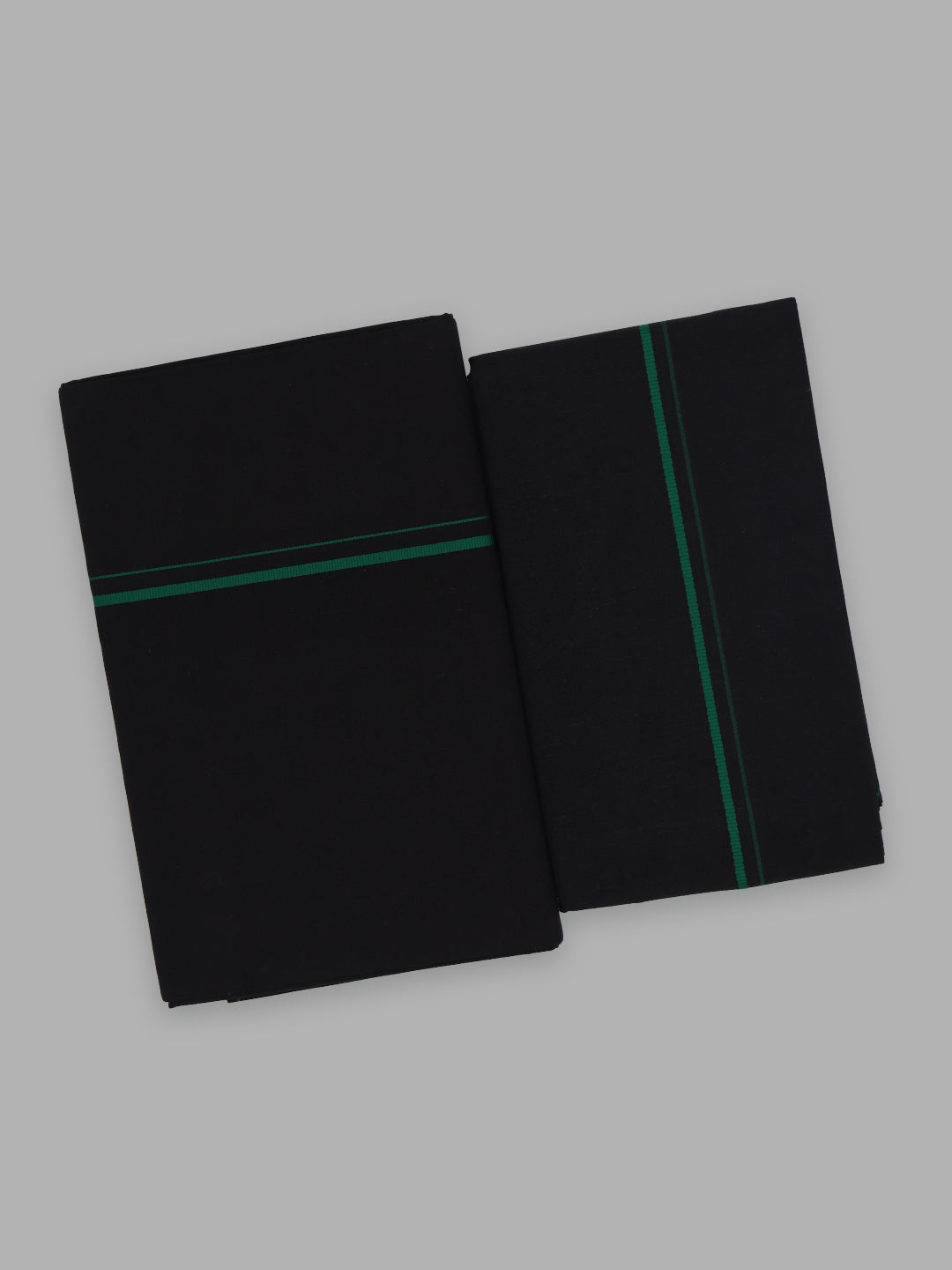 Men Cotton Blend Single Layer Black Dhoti & Towel Set with Green Small Border Sudhan