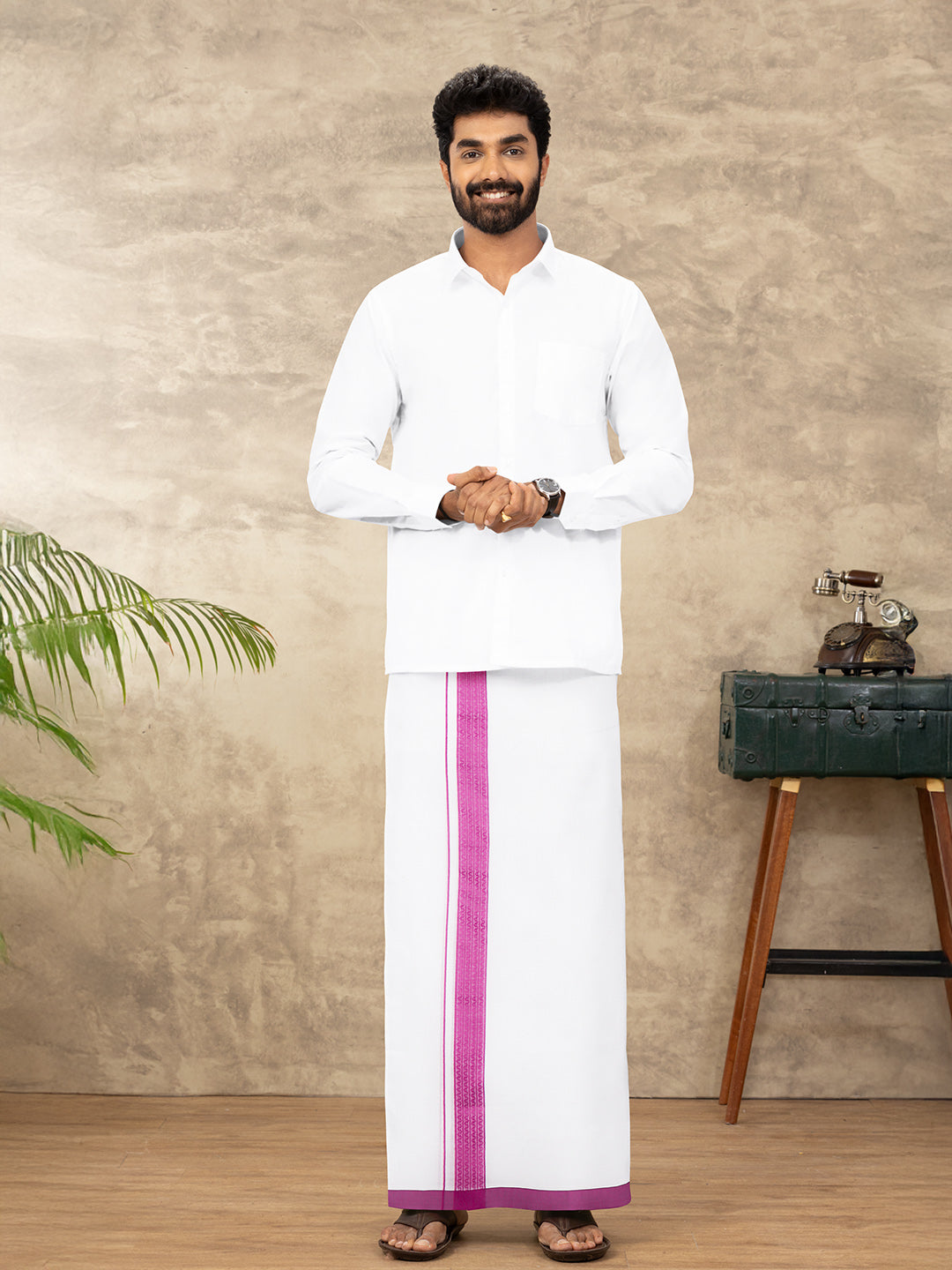 Men Cotton Blend Double Layer White Dhoti with Fancy Border TF05
