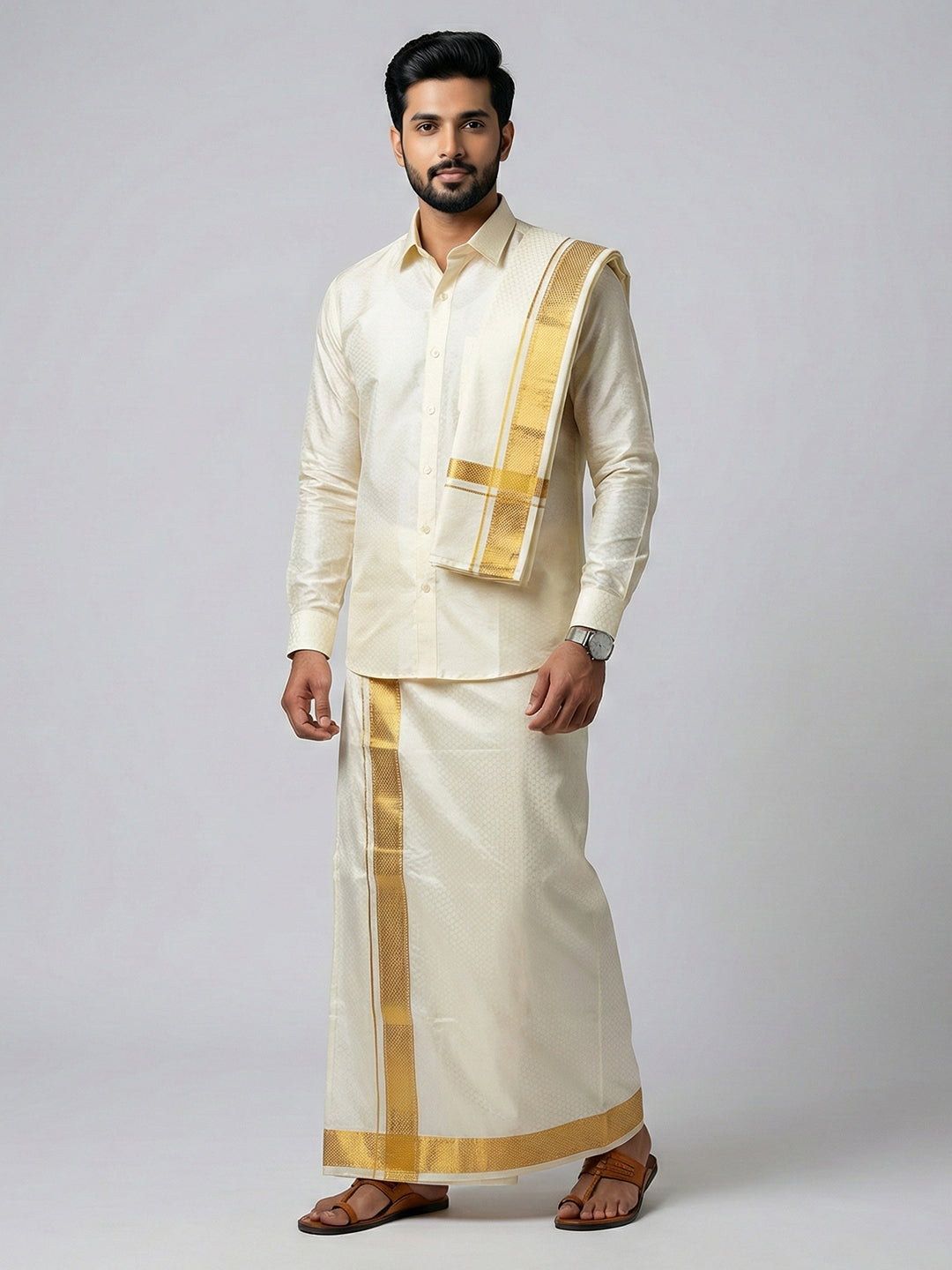 Men Art Silk Self Design Shirt with Readymade Dhoti & Towel Set Cream CRJD3