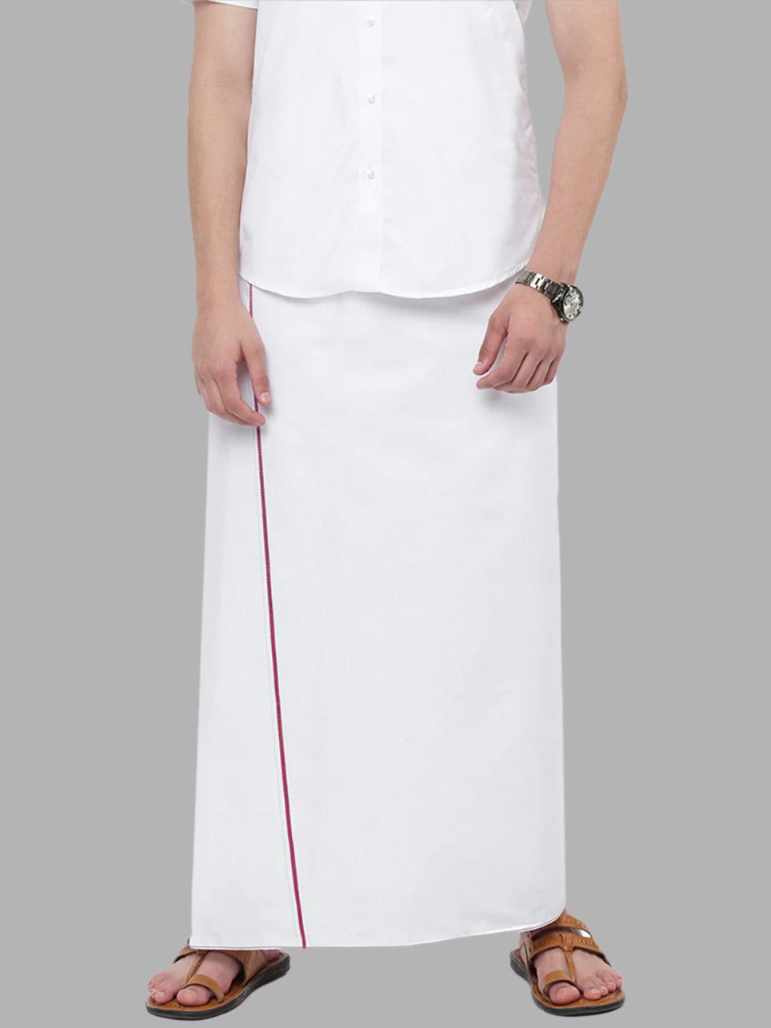 Men 100% Cotton Single Layer White Dhoti with Assorted Border Kovai Cotton Plus