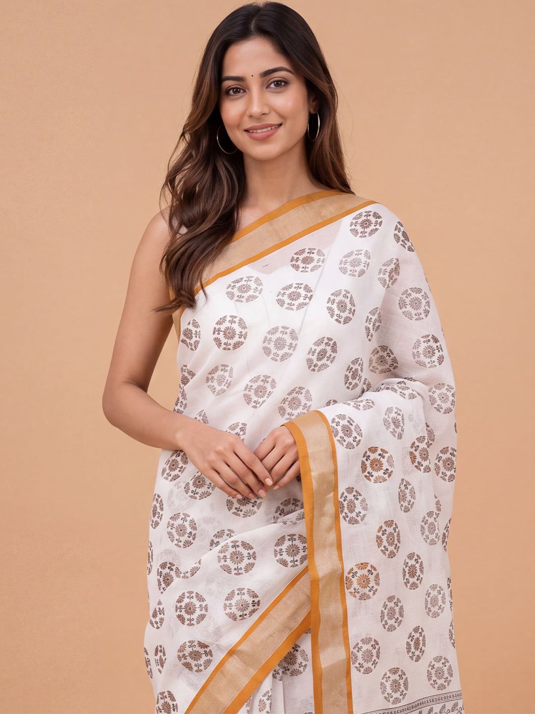 Women Semi Linen White with Brown Printed Saree SL265