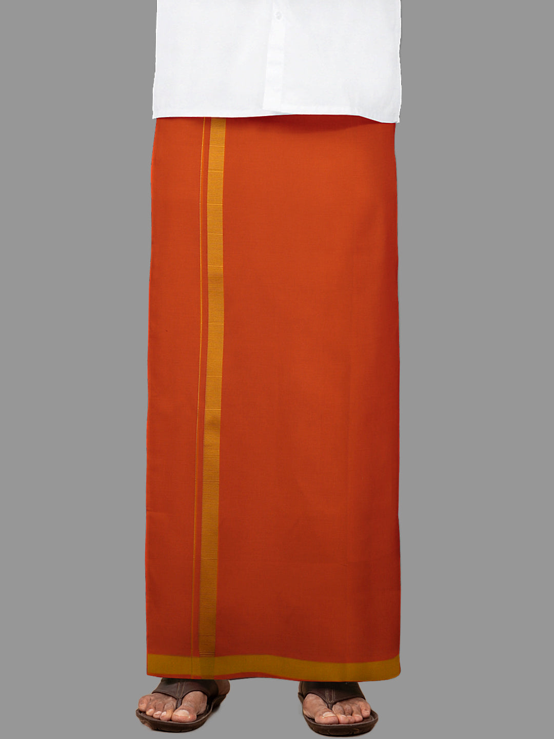 Men Cotton Blend Single Layer Orange Dhoti with Big Border Rishi