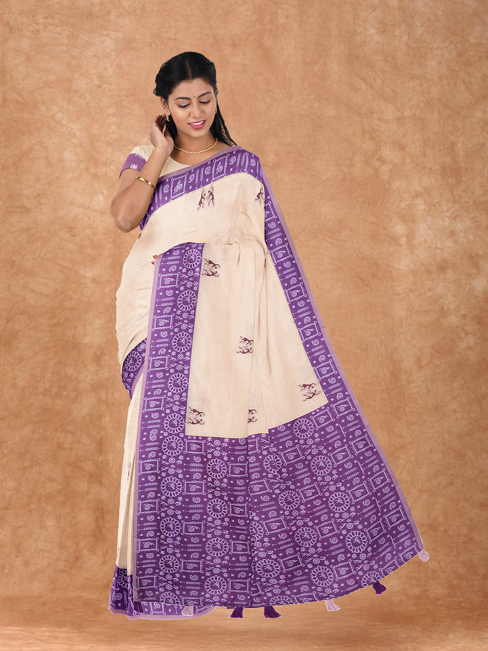 Women Semi Linen Printed Saree Sandal with Violet SL174