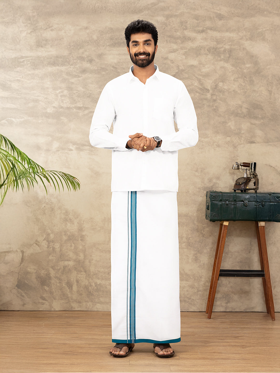 Men Cotton Blend Single Layer White Dhoti with Fancy Jari Border WSF06