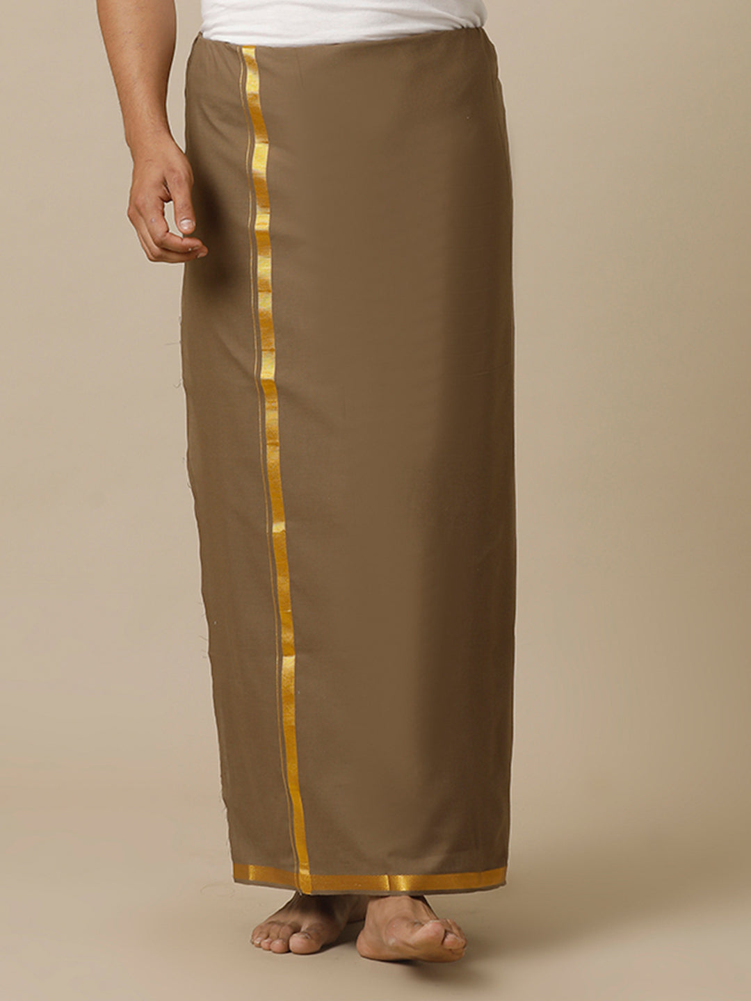 Men Cotton Blend Single Layer Brown Dhoti with Gold Jari Border Cosmic 12
